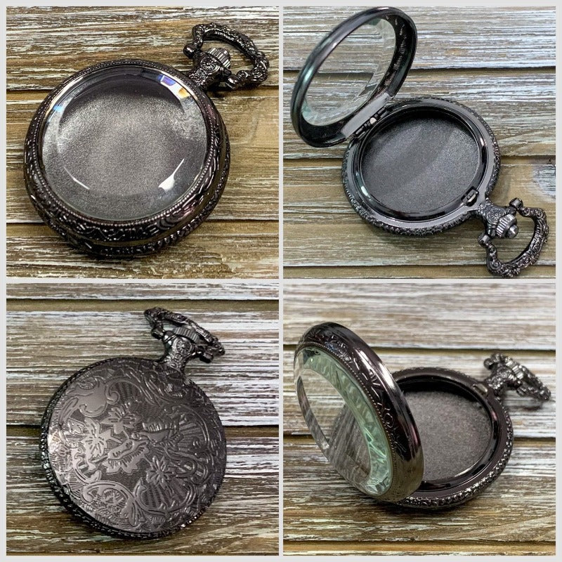 Time to Roll - Gunmetal Pocket Watch Shell with Micro Polyhedral Dice Set (~5mm)