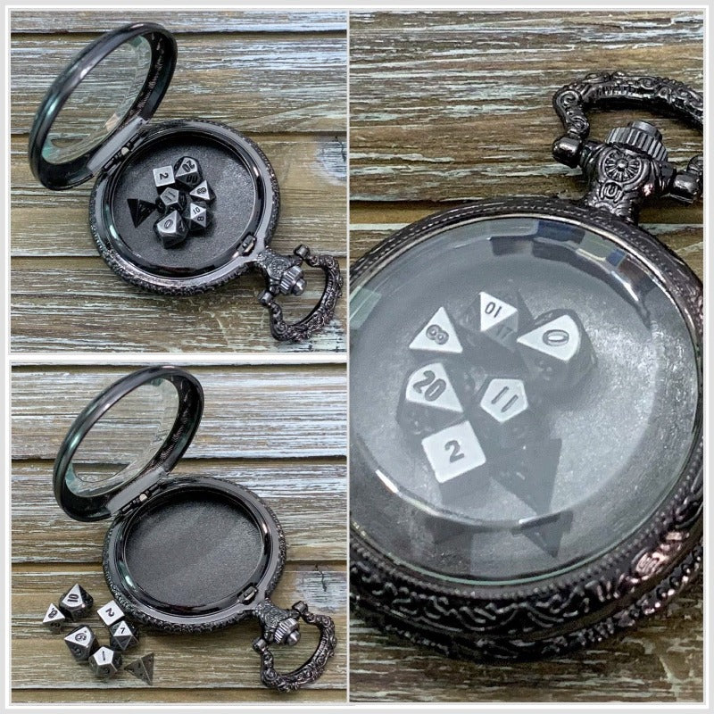 Time to Roll - Gunmetal Pocket Watch Shell with Micro Polyhedral Dice Set (~5mm)