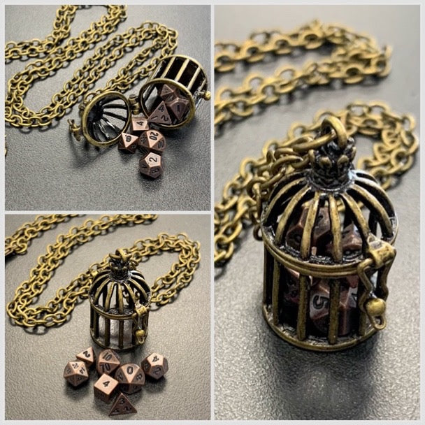 Cage Pendant with Micro Polyhedral Dice Set (~5mm)