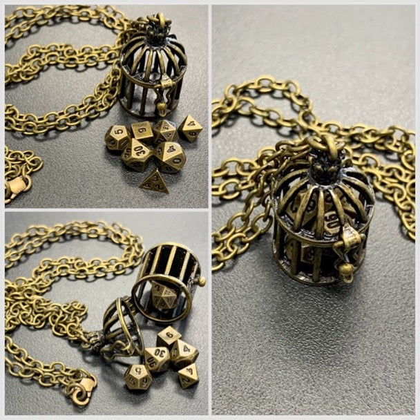 Cage Pendant with Micro Polyhedral Dice Set (~5mm)