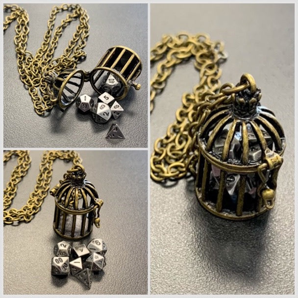 Cage Pendant with Micro Polyhedral Dice Set (~5mm)