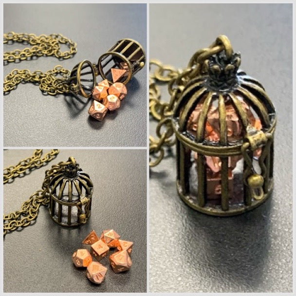 Cage Pendant with Micro Polyhedral Dice Set (~5mm)