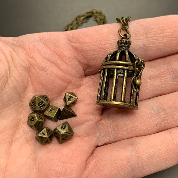 Cage Pendant with Micro Polyhedral Dice Set (~5mm)