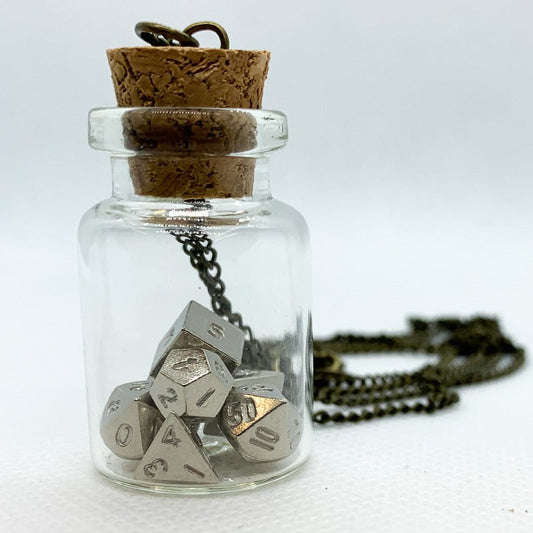 Glass Jar Pendant with Metal Micro Dice Set