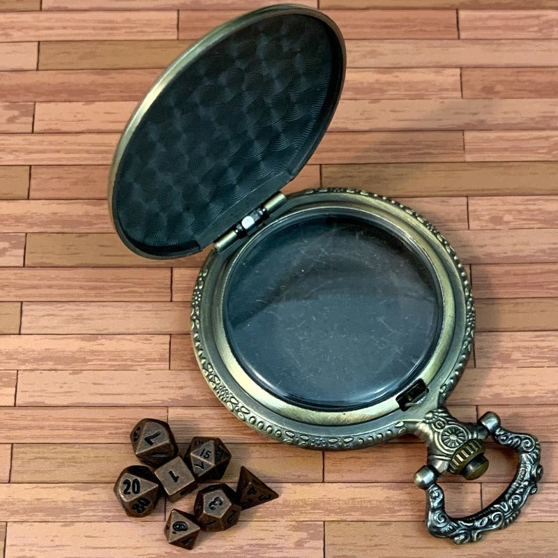 Gold Steampunk Style Pocket Watch Shell with Metal Micro Dice Set