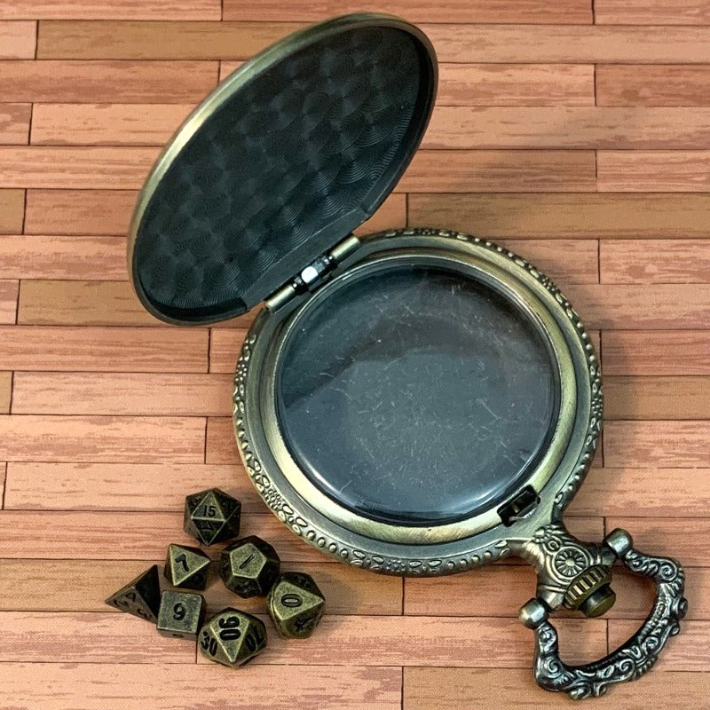 Gold Steampunk Style Pocket Watch Shell with Metal Micro Dice Set