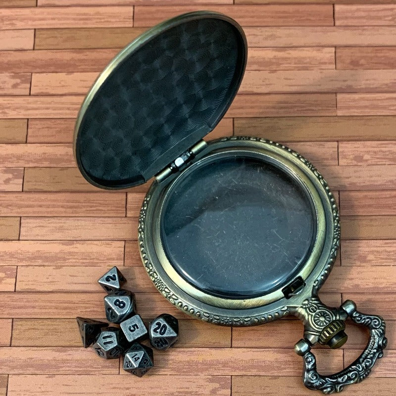 Gold Steampunk Style Pocket Watch Shell with Metal Micro Dice Set