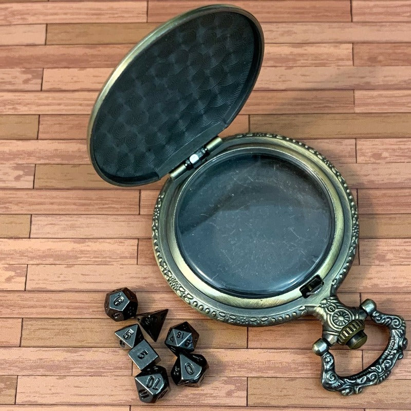 Gold Steampunk Style Pocket Watch Shell with Metal Micro Dice Set