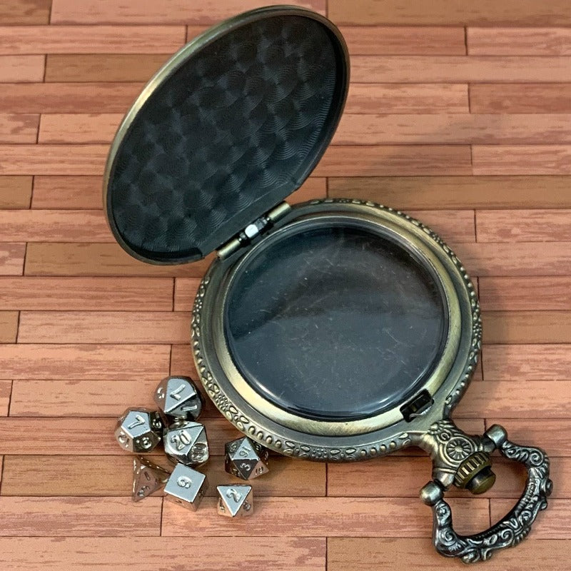 Gold Steampunk Style Pocket Watch Shell with Metal Micro Dice Set