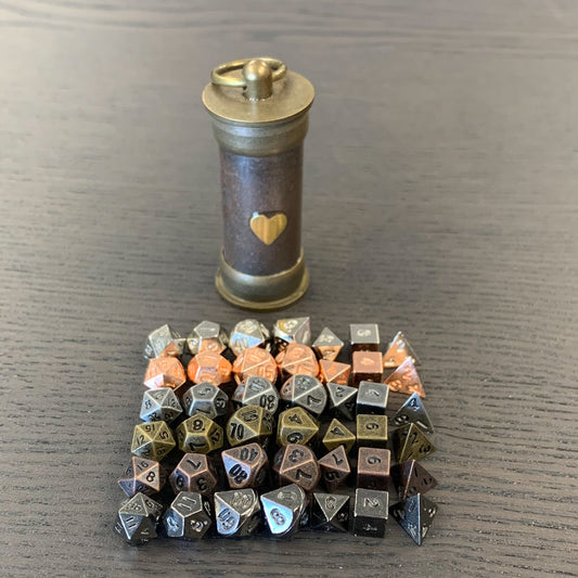 Steampunk Heart Vial with Metal Micro Dice Set