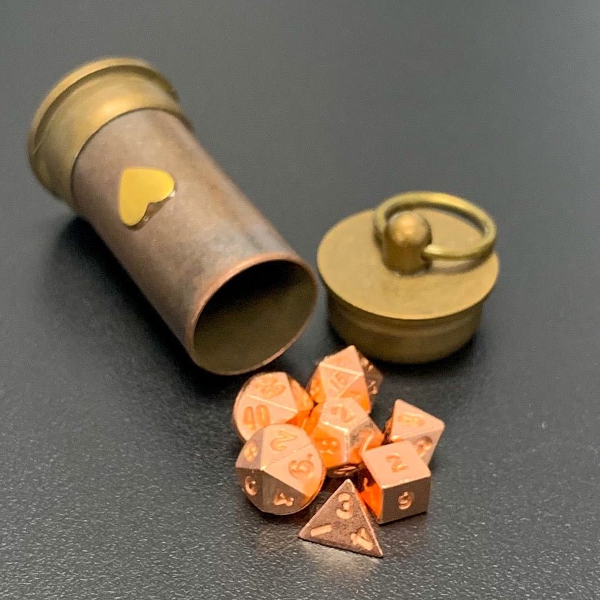Steampunk Heart Vial with Metal Micro Dice Set