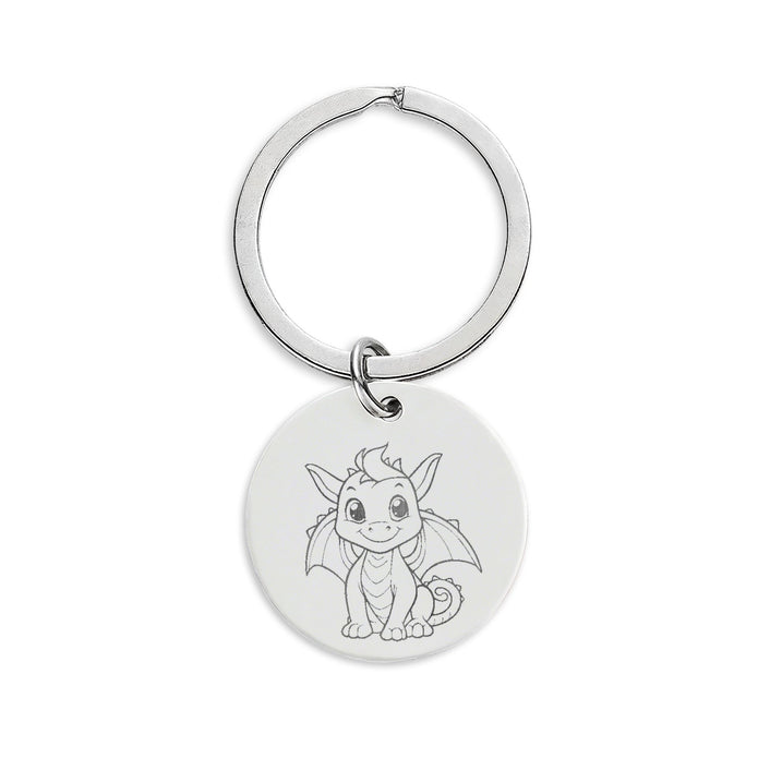 Cute Baby Dragon Stainless Steel Round Keychain — Engraved Baby Dragon Charm