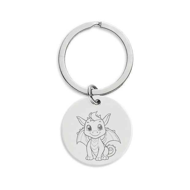 Cute Baby Dragon Stainless Steel Round Keychain — Engraved Baby Dragon Charm