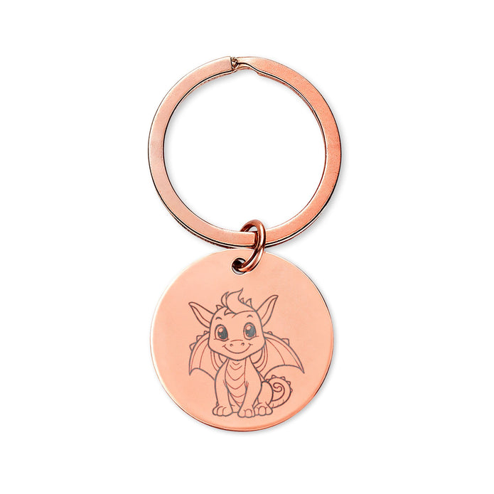 Cute Baby Dragon Stainless Steel Round Keychain — Engraved Baby Dragon Charm