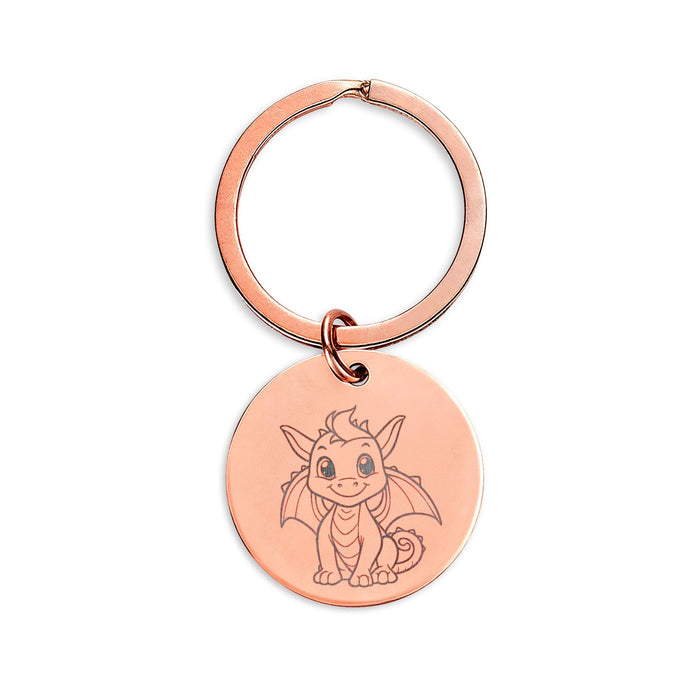 Cute Baby Dragon Stainless Steel Round Keychain — Engraved Baby Dragon Charm