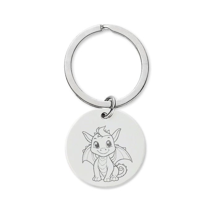 Cute Baby Dragon Stainless Steel Round Keychain — Engraved Baby Dragon Charm