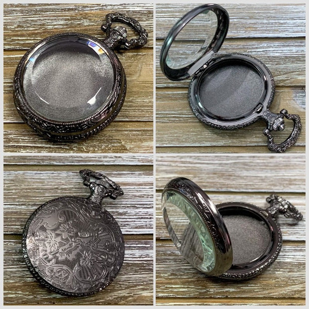 Time to Roll - Carcasa de reloj de bolsillo Gunmetal con juego de dados micro poliédricos (~ 5 mm)