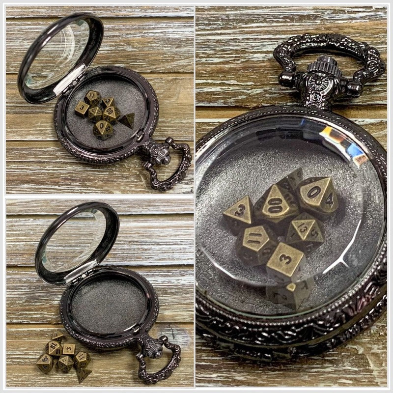 Time to Roll - Gunmetal Pocket Watch Shell with Micro Polyhedral Dice Set (~5mm)