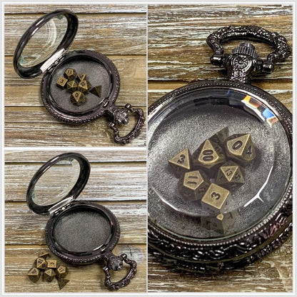Time to Roll - Gunmetal Pocket Watch Shell with Micro Polyhedral Dice Set (~5mm)