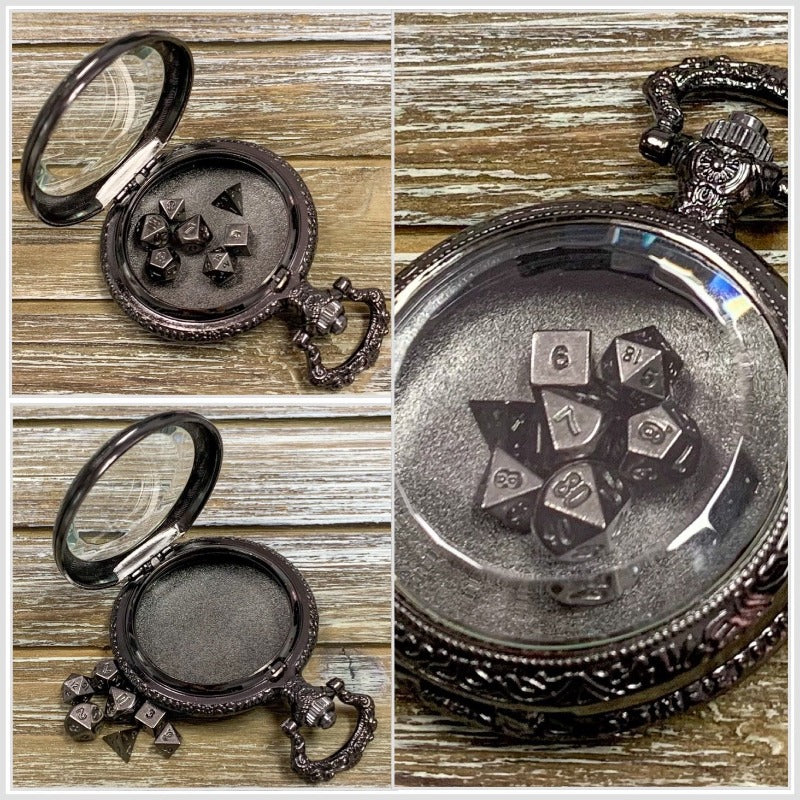 Time to Roll - Gunmetal Pocket Watch Shell with Micro Polyhedral Dice Set (~5mm)