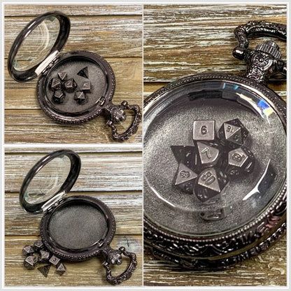 Time to Roll - Gunmetal Pocket Watch Shell with Micro Polyhedral Dice Set (~5mm)