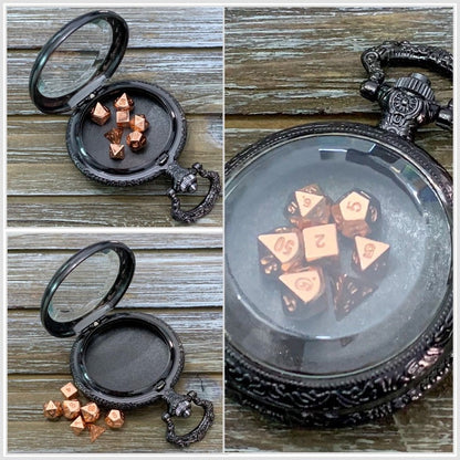 Time to Roll - Gunmetal Pocket Watch Shell with Micro Polyhedral Dice Set (~5mm)