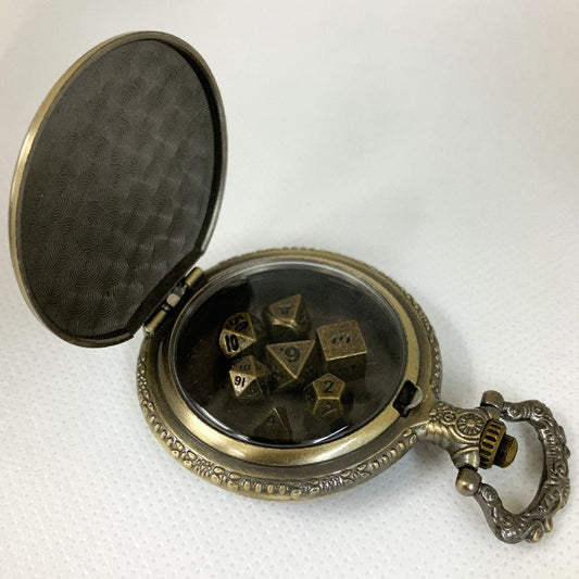 Gold Pocket Watch Shell with Antique Gold Metal Micro Dice Inside