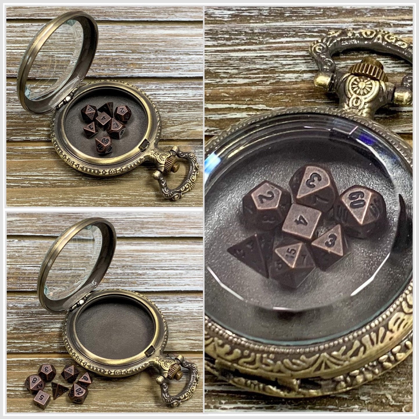 Time to Roll - Gold Pocket Watch Shell with Micro Polyhedral Dice Set (~5mm)