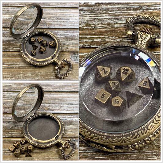 Time to Roll - Gold Pocket Watch Shell with Micro Polyhedral Dice Set (~5mm)