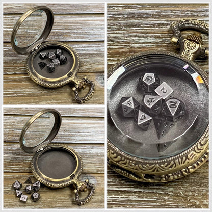 Time to Roll - Gold Pocket Watch Shell with Micro Polyhedral Dice Set (~5mm)