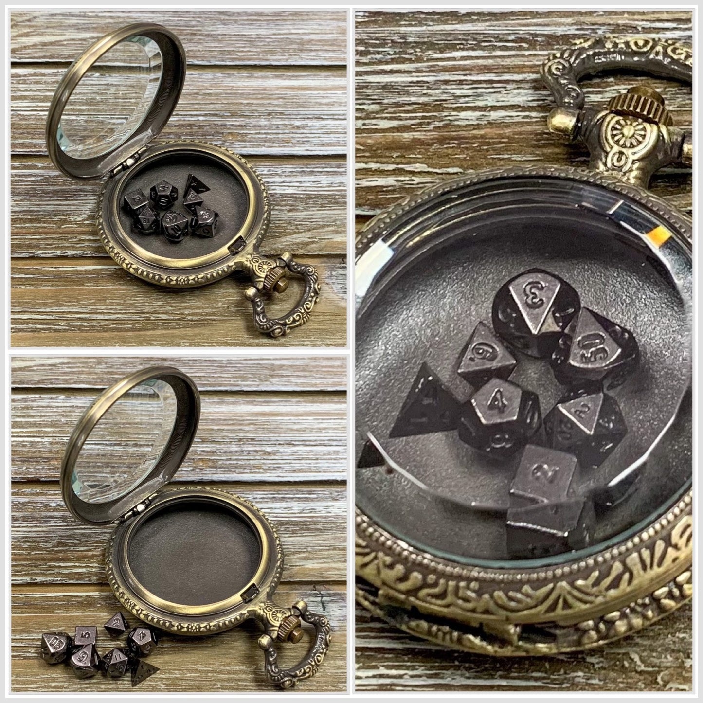 Time to Roll - Gold Pocket Watch Shell with Micro Polyhedral Dice Set (~5mm)