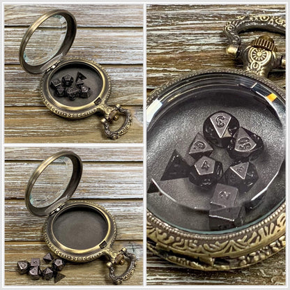 Time to Roll - Gold Pocket Watch Shell with Micro Polyhedral Dice Set (~5mm)