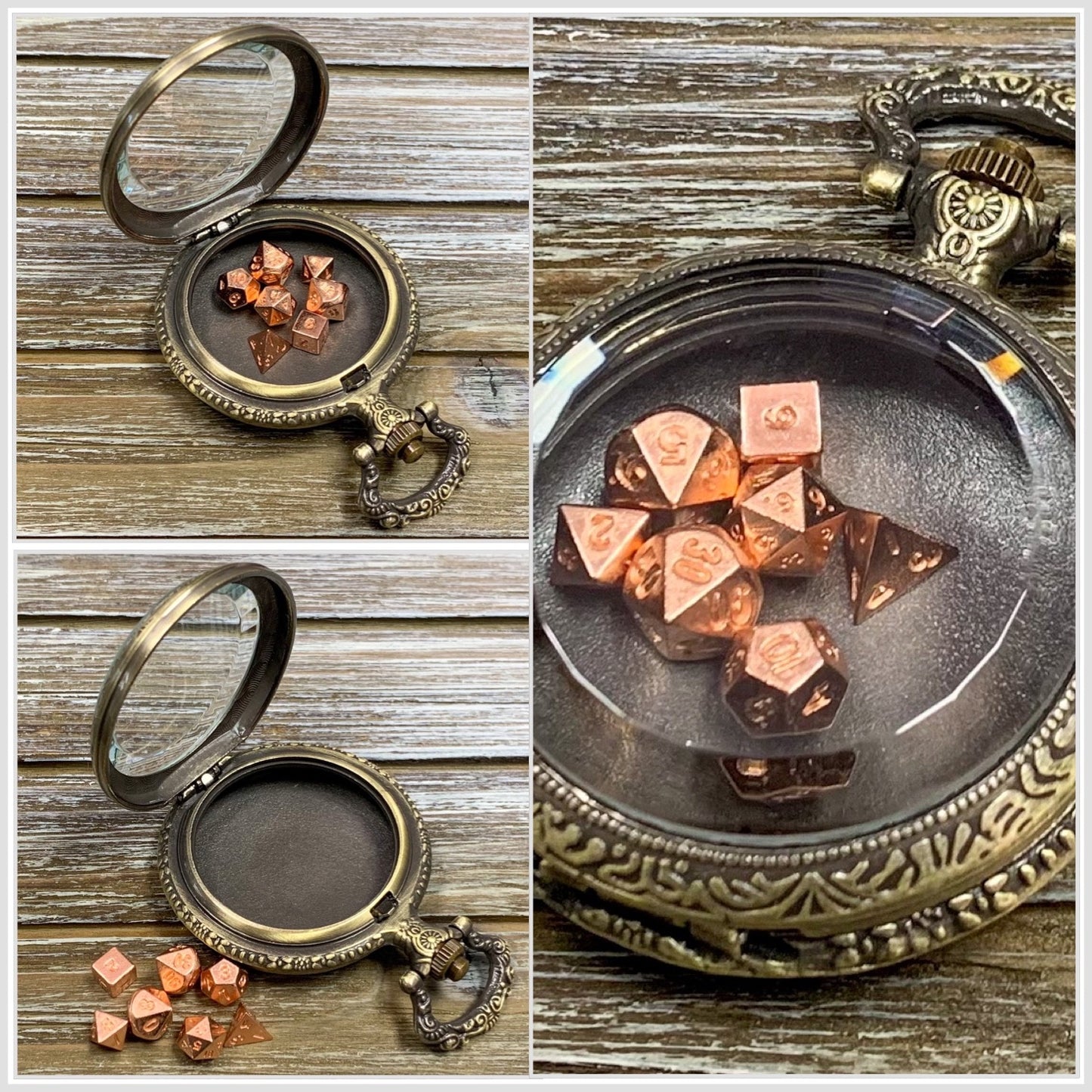 Time to Roll - Gold Pocket Watch Shell with Micro Polyhedral Dice Set (~5mm)