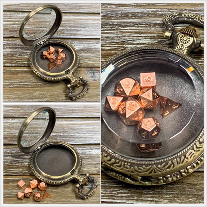 Time to Roll - Gold Pocket Watch Shell with Micro Polyhedral Dice Set (~5mm)