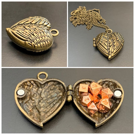 Antique Gold Heart Wings Locket with Metal Micro Dice Set