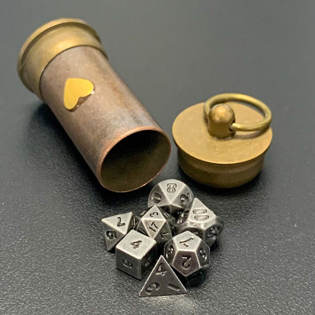 Steampunk Heart Vial with Metal Micro Dice Set