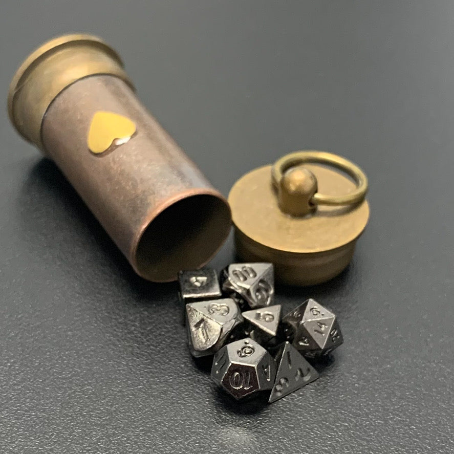 Steampunk Heart Vial with Metal Micro Dice Set