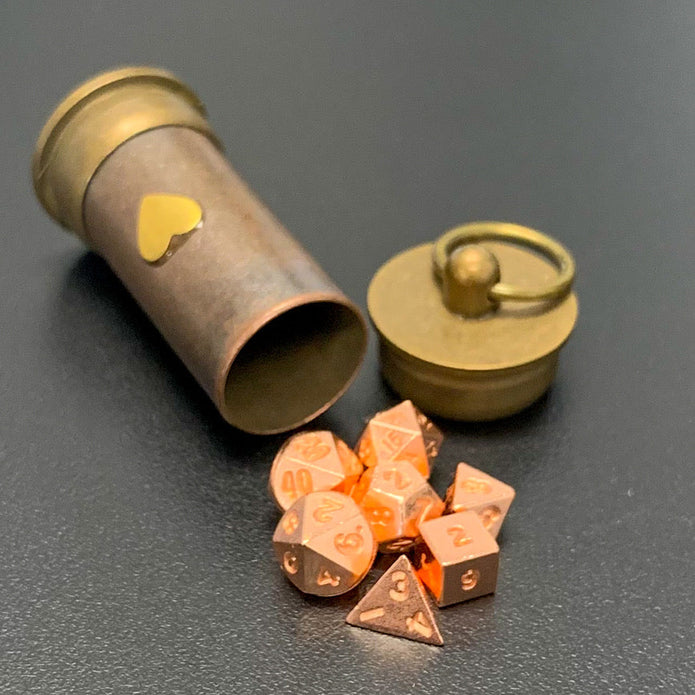 Steampunk Heart Vial with Metal Micro Dice Set
