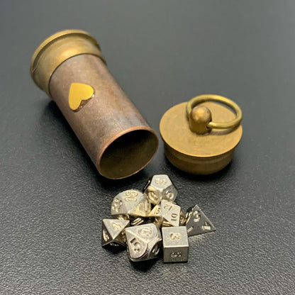 Steampunk Heart Vial with Metal Micro Dice Set