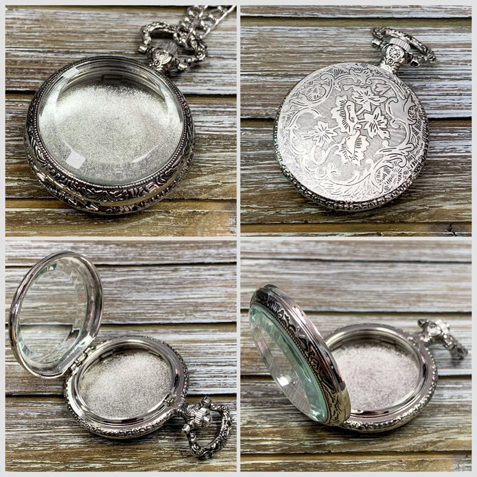 Time to Roll - Silver Pocket Watch Shell with Micro Polyhedral Dice Set (~5mm)