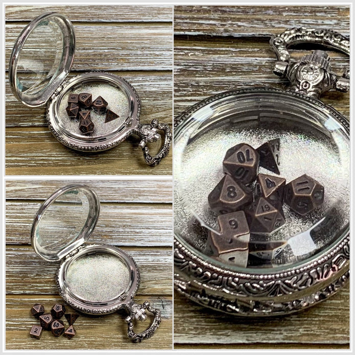 Time to Roll - Silver Pocket Watch Shell with Micro Polyhedral Dice Set (~5mm)