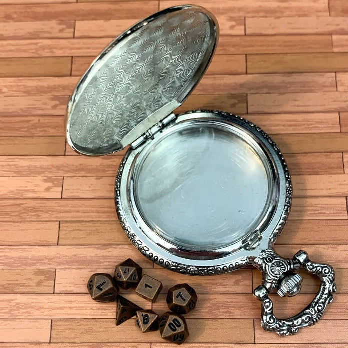 Silver Steampunk Style Pocket Watch Shell with Metal Micro Dice Set