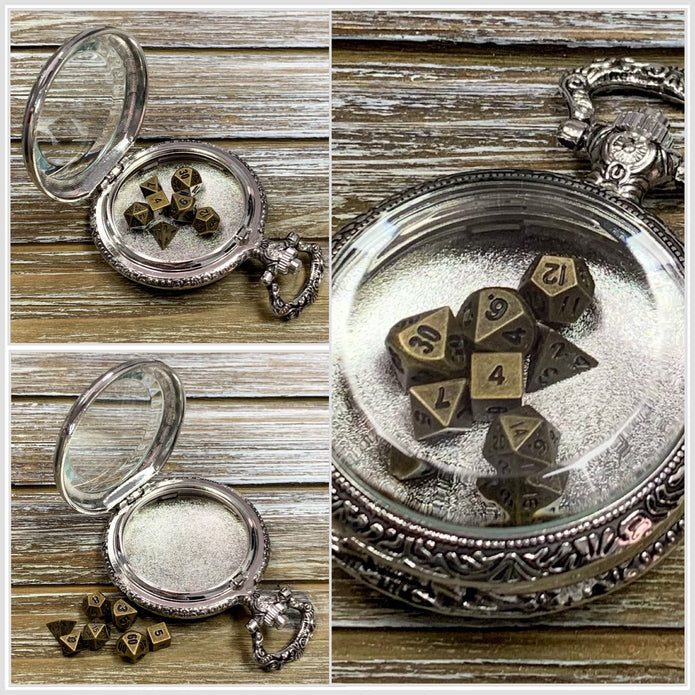 Time to Roll - Silver Pocket Watch Shell with Micro Polyhedral Dice Set (~5mm)