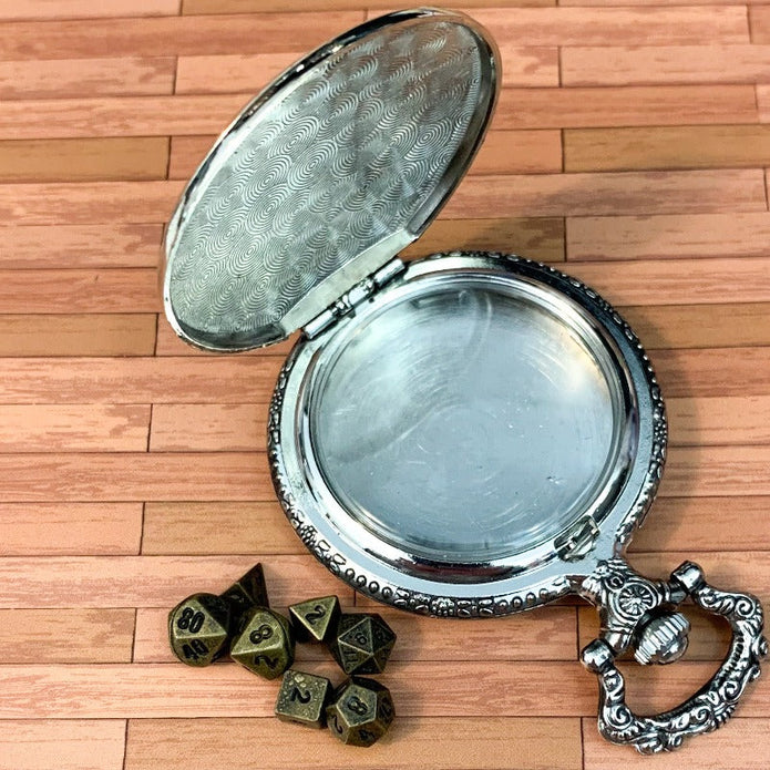 Silver Steampunk Style Pocket Watch Shell with Metal Micro Dice Set