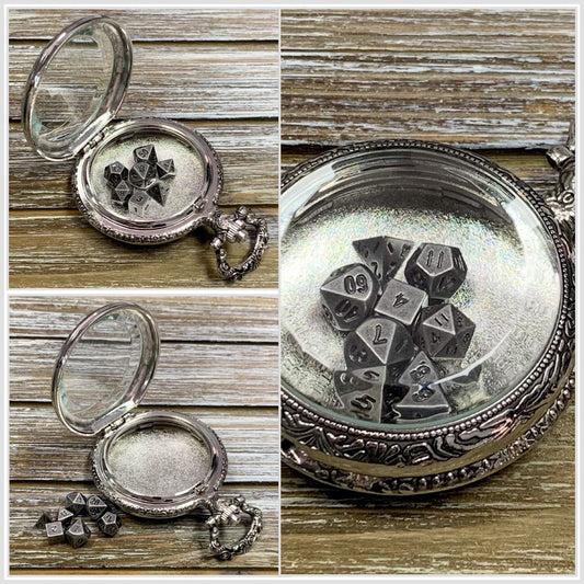 Time to Roll - Silver Pocket Watch Shell with Micro Polyhedral Dice Set (~5mm)
