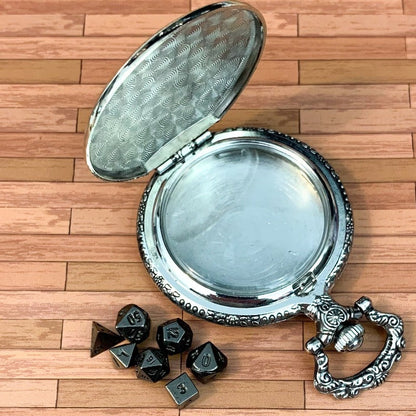 Silver Steampunk Style Pocket Watch Shell with Metal Micro Dice Set