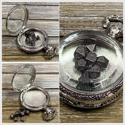 Time to Roll - Silver Pocket Watch Shell with Micro Polyhedral Dice Set (~5mm)