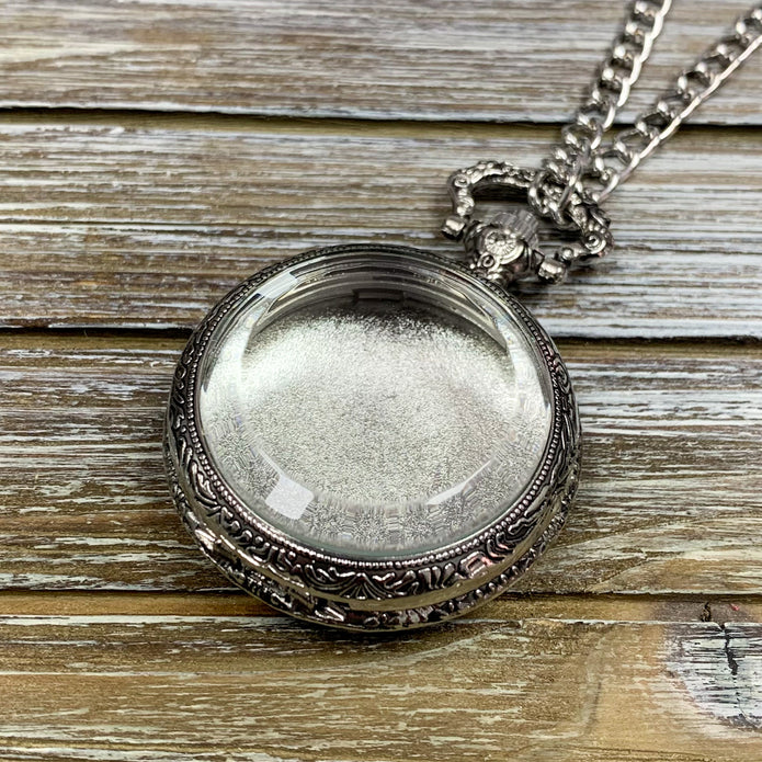 Time to Roll - Silver Pocket Watch Shell with Micro Polyhedral Dice Set (~5mm)