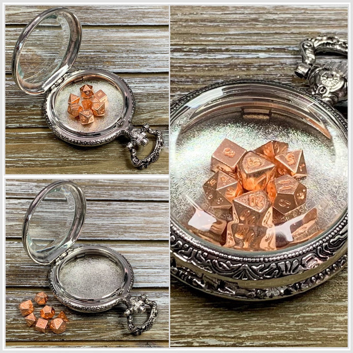 Time to Roll - Silver Pocket Watch Shell with Micro Polyhedral Dice Set (~5mm)