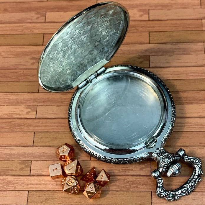 Silver Steampunk Style Pocket Watch Shell with Metal Micro Dice Set